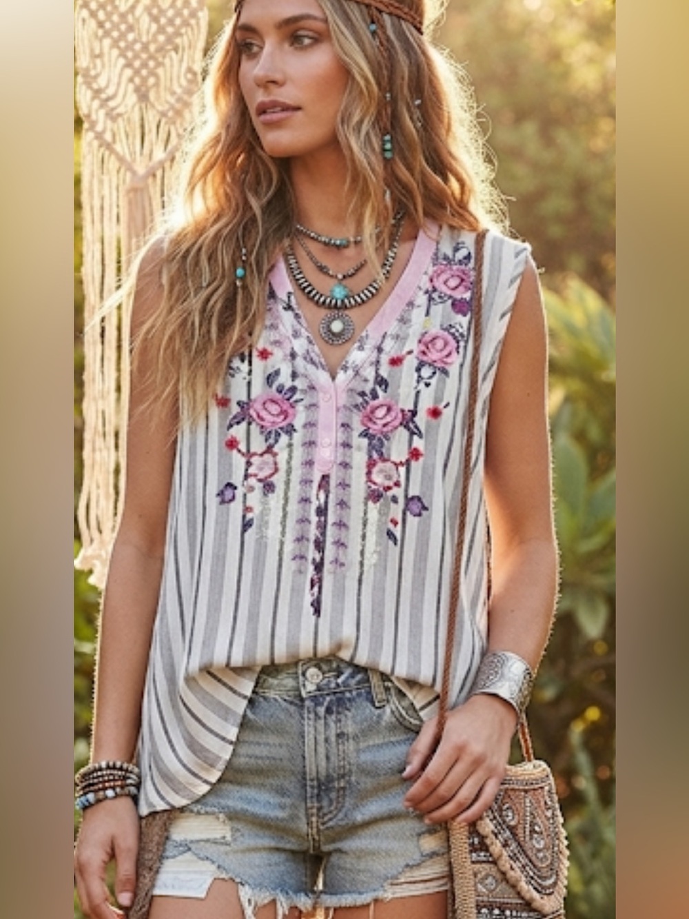 Andrée by Unit blue White Striped Embroidered boho Tunic Sleeveless 2X